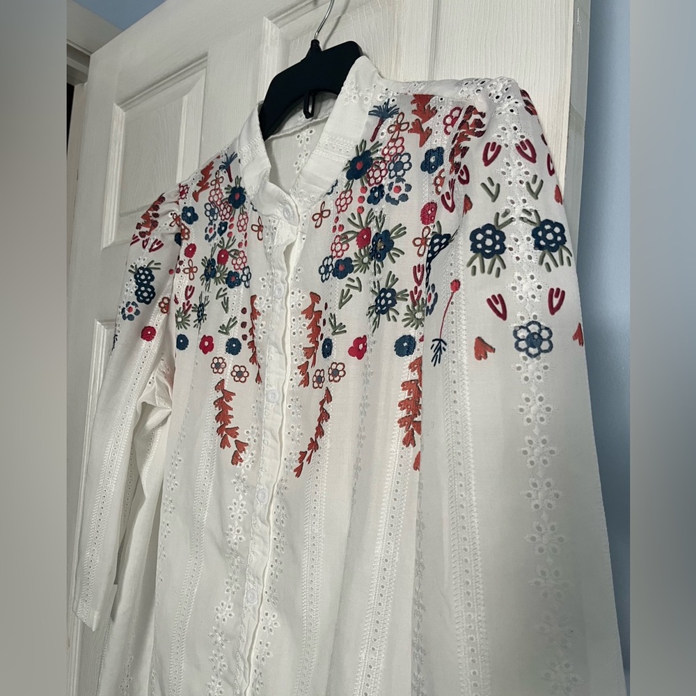 SHEIN White Eyelet with Printed Fabric Floral Blouse